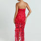 Women Strapless 3D Floral Lace Mermaid Sexy Maxi Dress Sheer Mesh Bodycon Long Dress Wedding Guest Evening Party Gown