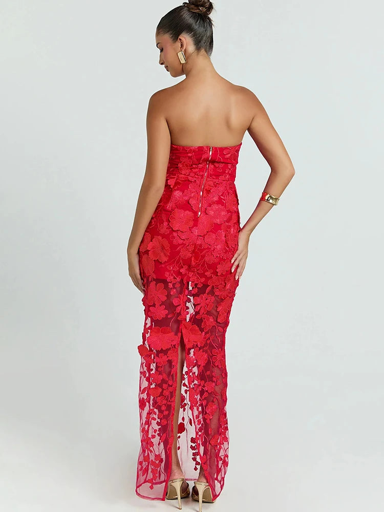 Women Strapless 3D Floral Lace Mermaid Sexy Maxi Dress Sheer Mesh Bodycon Long Dress Wedding Guest Evening Party Gown