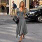 Gray Long Sleeve V Neck Maxi Dress with Asymmetric Handkerchief Hem Elegant Fall Winter Dresses for Woman
