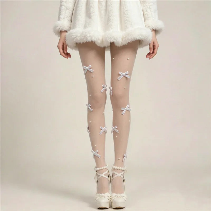 Sweet Lolita 3D Bow Pearl Sheer Pantyhose Women Transparent Mesh Tights Cute Bowknot Decor Hosiery Cosplay Stockings