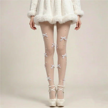 Sweet Lolita 3D Bow Pearl Sheer Pantyhose Women Transparent Mesh Tights Cute Bowknot Decor Hosiery Cosplay Stockings