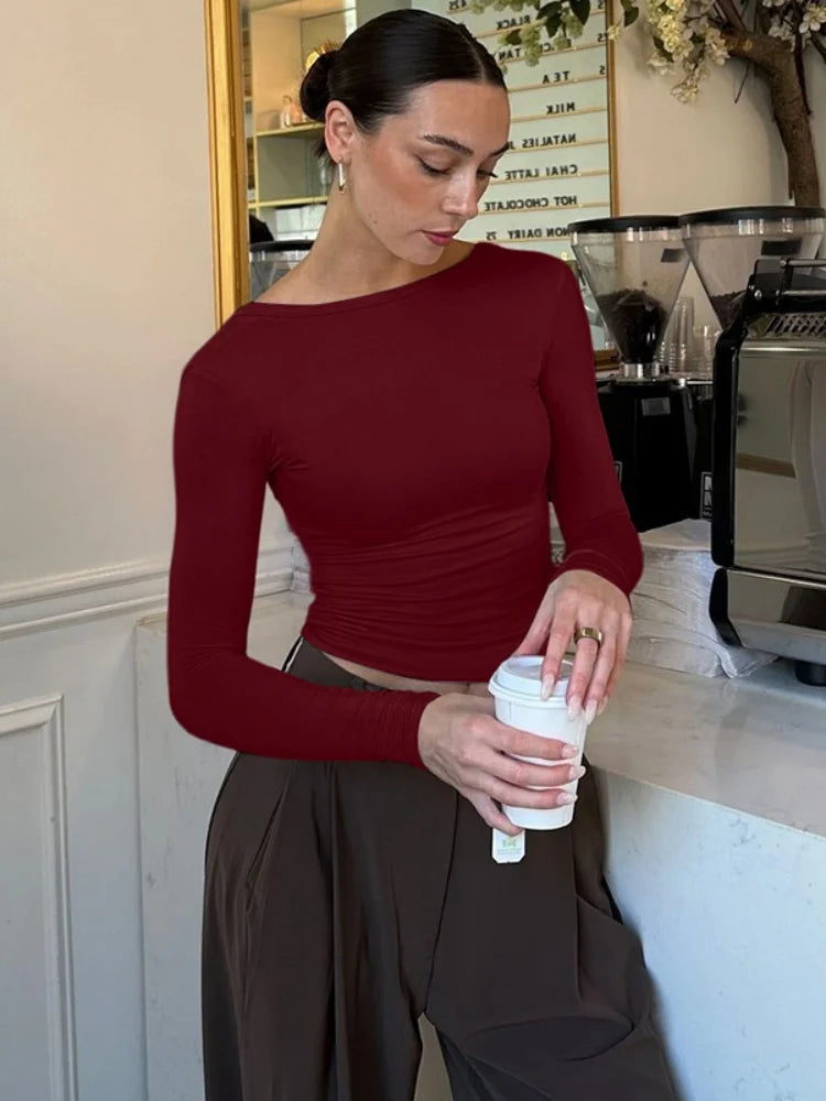 Solid Color Backless Long Sleeve Top Popular Clothing Woman Fall 2025 Ladies T Shirts