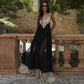 Flowing Black Tulle Maxi Dress Lace Trim Deep V Neck and Hem See Through Mesh Backless Dresses Resort Wear