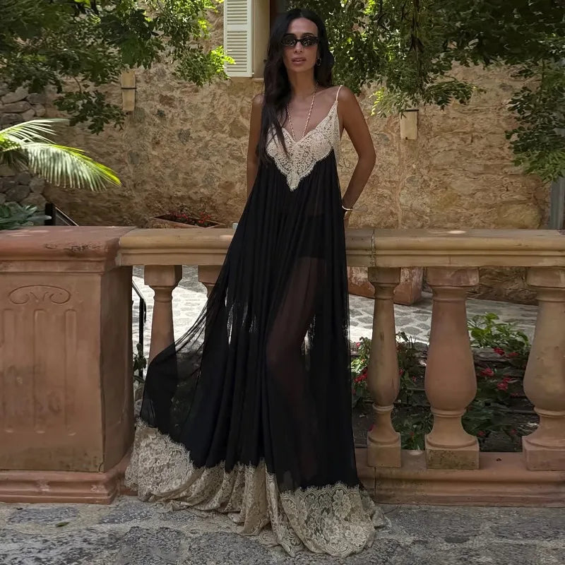 Flowing Black Tulle Maxi Dress Lace Trim Deep V Neck and Hem See Through Mesh Backless Dresses Resort Wear