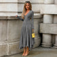 Gray Long Sleeve V Neck Maxi Dress with Asymmetric Handkerchief Hem Elegant Fall Winter Dresses for Woman