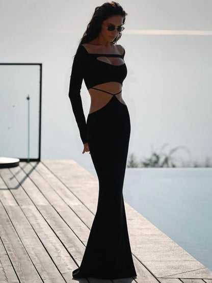 Hollow Long Sleeve Fishtail Maxi Dresses Woman Elegant Clothes White Black Evening Party Dress