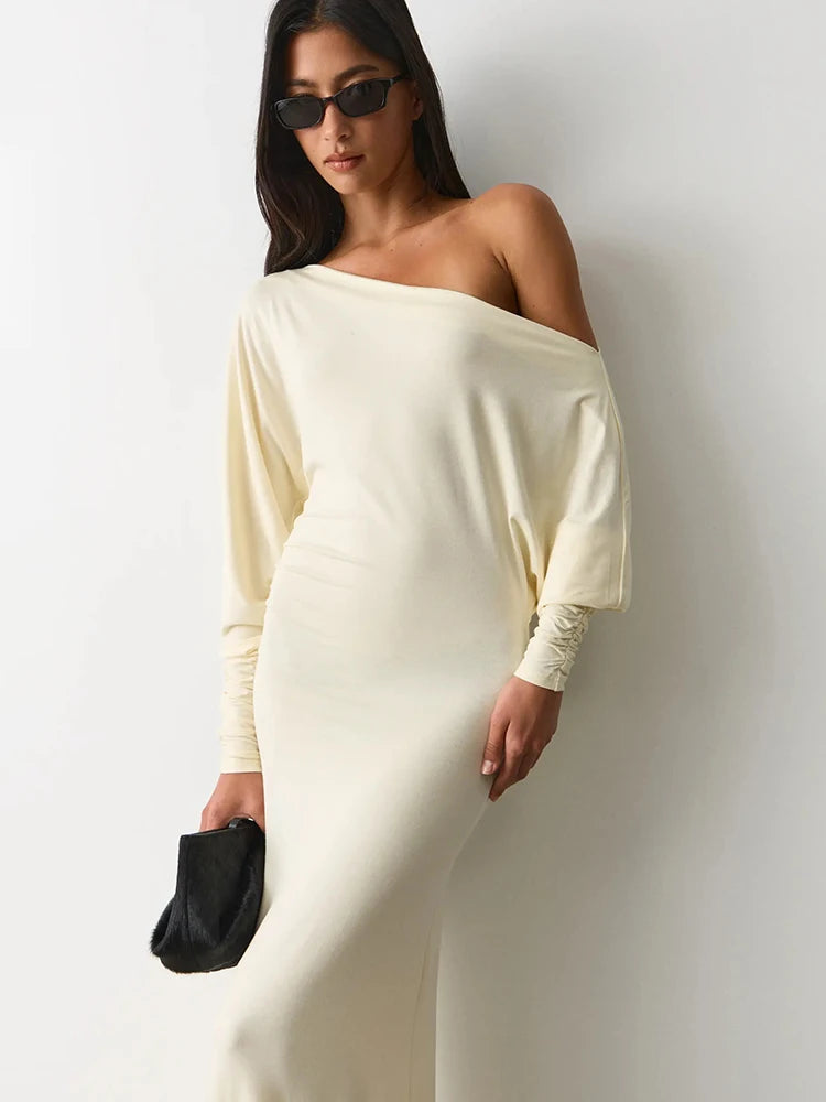 Women Elegant Off Shoulder Sexy Maxi Dress Batwing Long Sleeve Ruched Bodycon Dress Evening Party Wedding Guest Dress