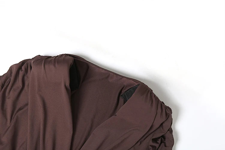 Elegant 2 Piece Set Women V-Neck Shoulder Pads Long Sleeves Folds Tops+Long Skirts Solid Banquet Party Fashion Suits