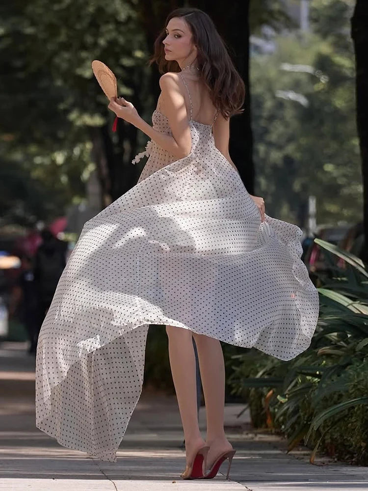 Polka Dot Print Dress Women Sexy See Through Ruffled Edge Patchwork Irregular Hem Fashion Elegant Party Club Bodycon