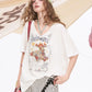 Playful Cartoon Print V-Neck Oversized T-Shirt, Drop Shoulder Casual Graphic Tee, Streetwear Loose Top for Women