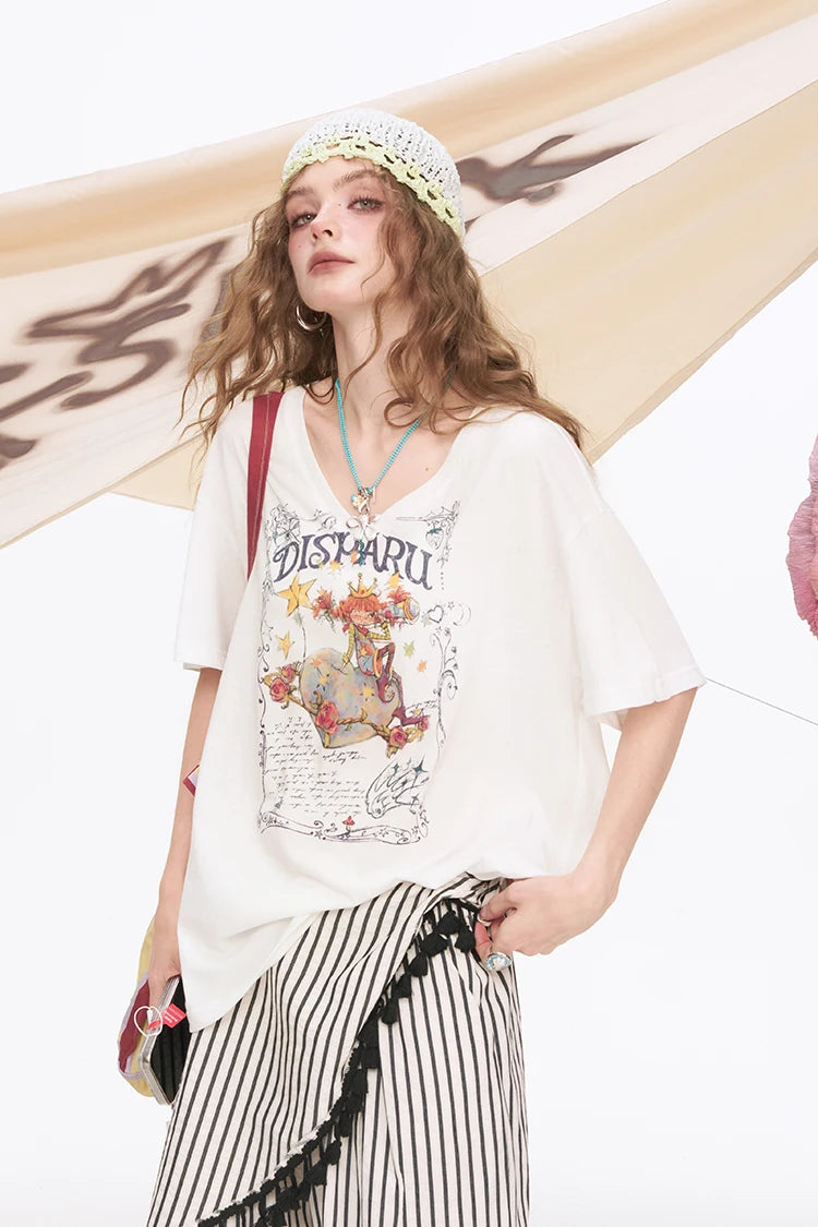 Playful Cartoon Print V-Neck Oversized T-Shirt, Drop Shoulder Casual Graphic Tee, Streetwear Loose Top for Women