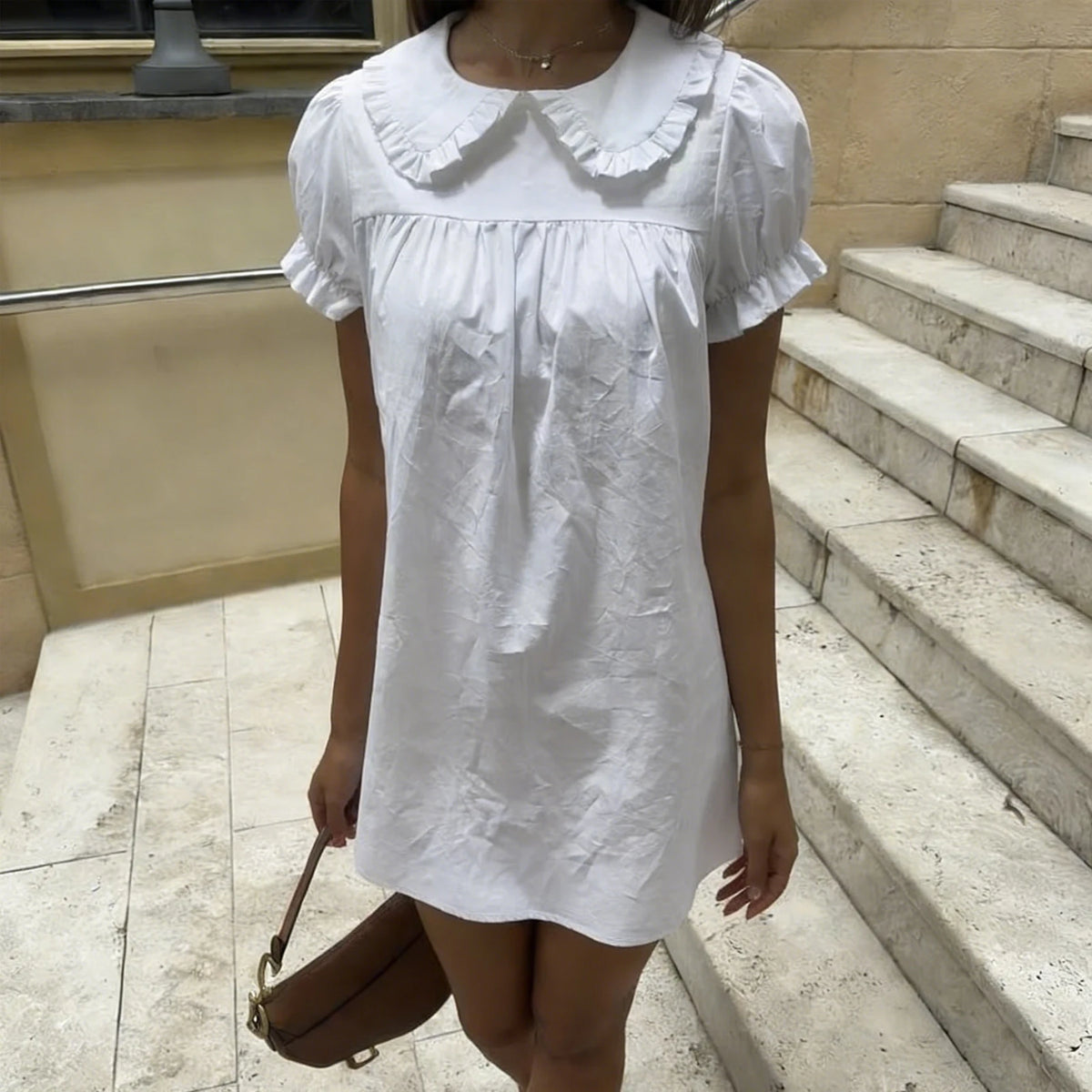 Women's Summer Doll Collar Blouse Short Sleeve A-Line Swing Shirts Solid Color Loose Ruffle Summer Casual Tops