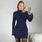 Fashion Long Sleeve Short Dresses Women Clothing 2023 Fall Winter Elegant Party Bodycon Dress Deep Blue