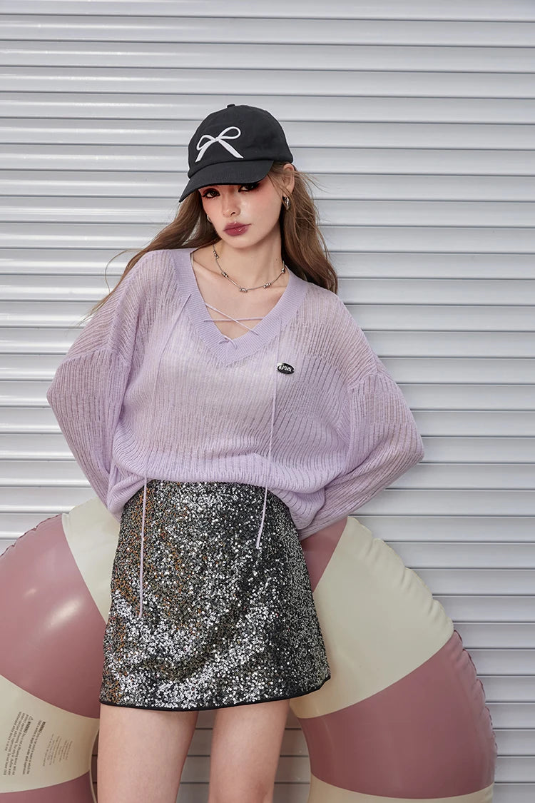 2024 Summer New Arrivals High waisted A-line silver sequined midi skirt for women, retro and fashionable short skirt