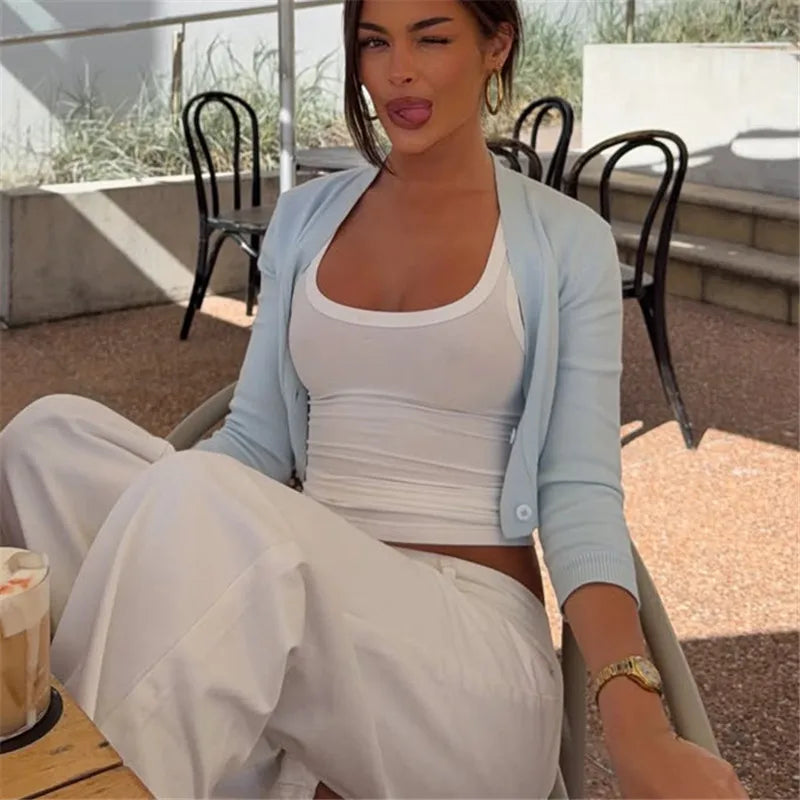 Women Elegant Solid Cropped Knitted Cardigan V Neck Three Quarter Sleeve Button Down Slim Short Sweater Daily Outer Top