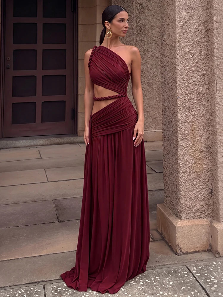 Sexy Rope Patchwork Dress Women Fashion Hollow Skew Collar Ruched Ribbon Sleeveless Elegant Vacation Party Bodycon