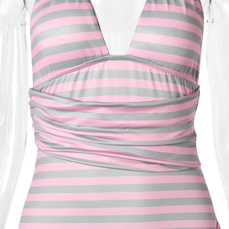 Sexy Pink Striped Halter Backless Mini Dress 2026 Summer Dresses for Woman Clothes