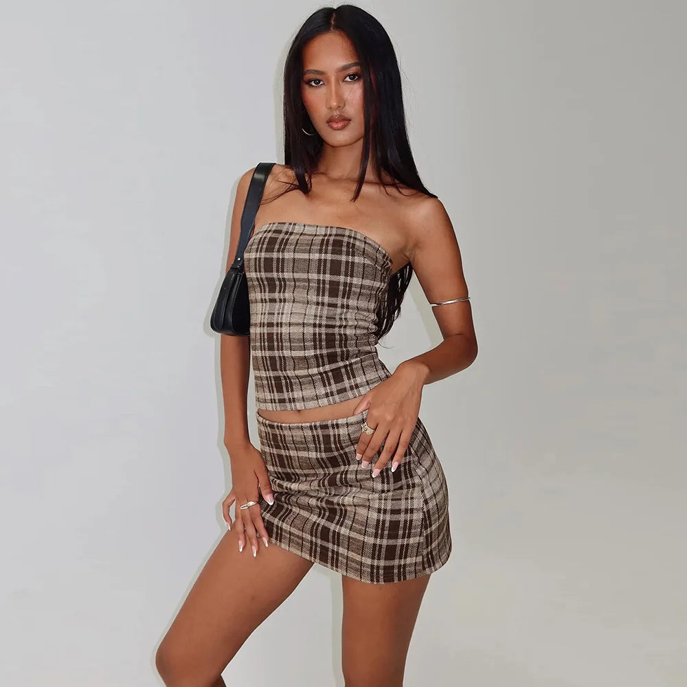 Women's Summer 2 Piece Skirt Outfits Fashion Off Shoulder Plaid Tube Tops + Mini Skinny Bodycon Skirt Set Y2k Streetwear