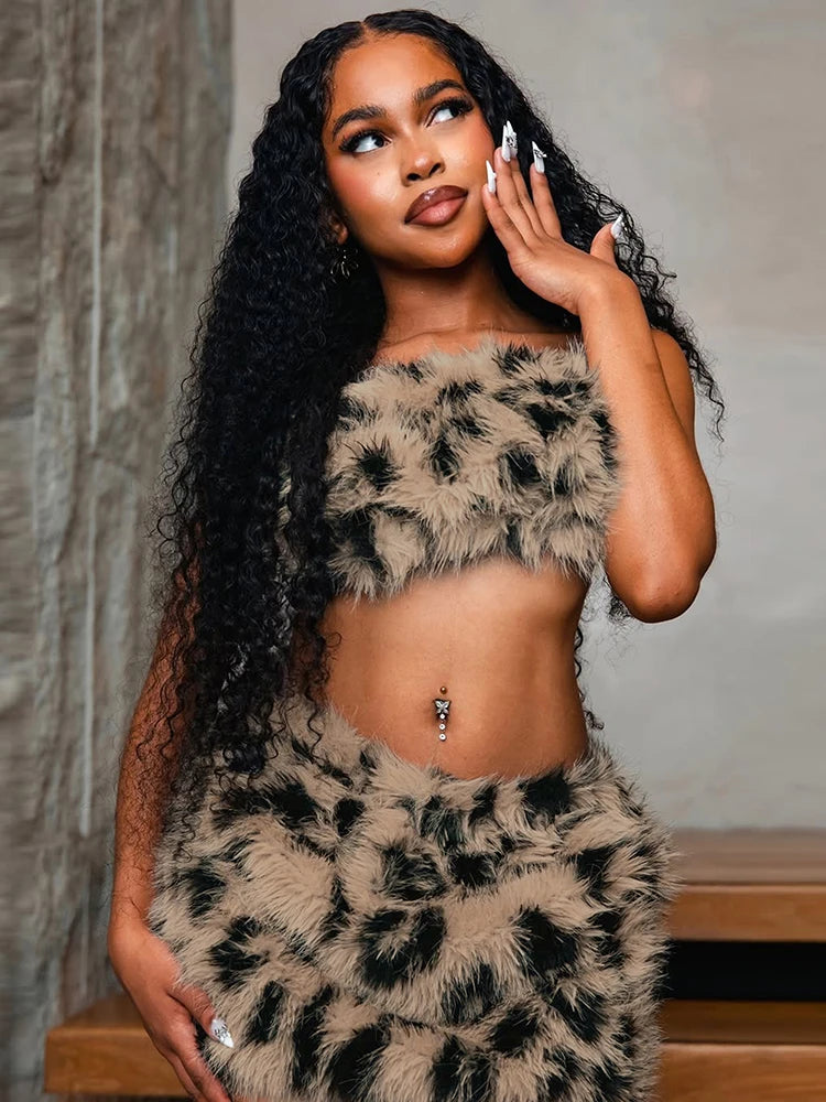 Furry Patchwork 2 Piece Set Woman Leopard Print Sexy Wrap Chest Backless Tank Tops+Mini Shorts Street Wild Style Suit