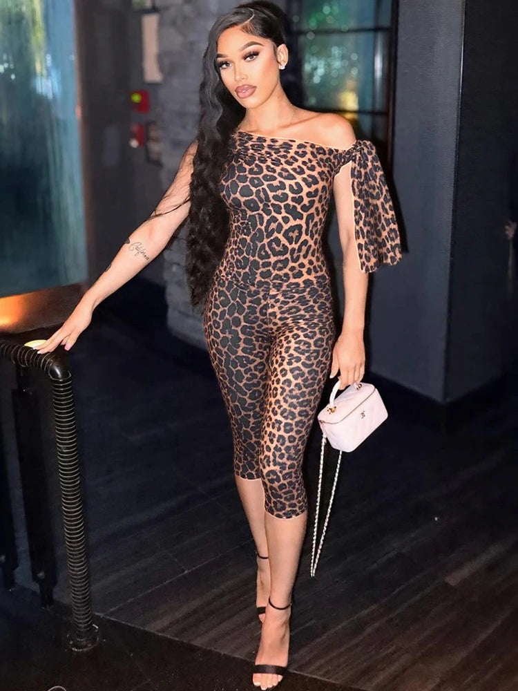 Leopard Print 2-Piece Set Women Irregular Skew Collar Lace-Up Tank Top+Bike Shorts Stretch Skinny Stretch Outfits