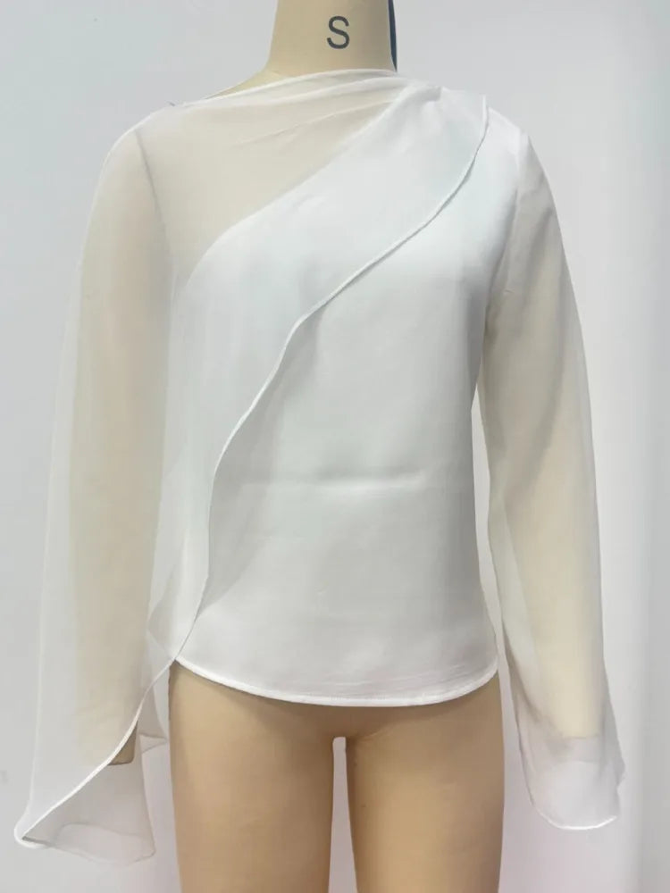 Chiffon Sheer White Sexy Shirt Women Elegant Summer Long Sleeve Cape Sleeve Backless T-shirt Female Fashion Tees
