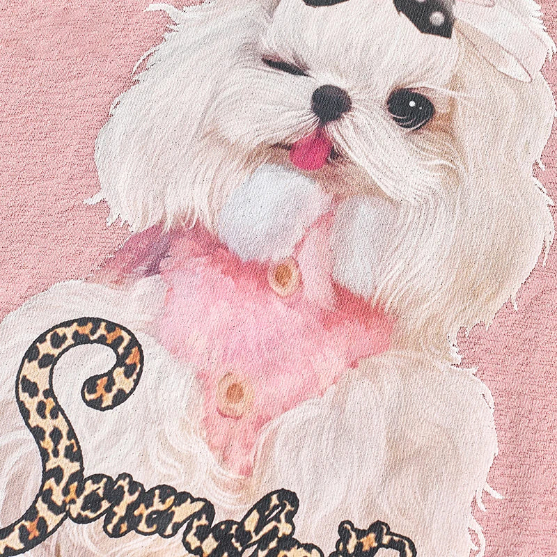 Pink Crew Neck Cute Dog with Bow Leopard Print Text Short Sleeve T-Shirt for Women
