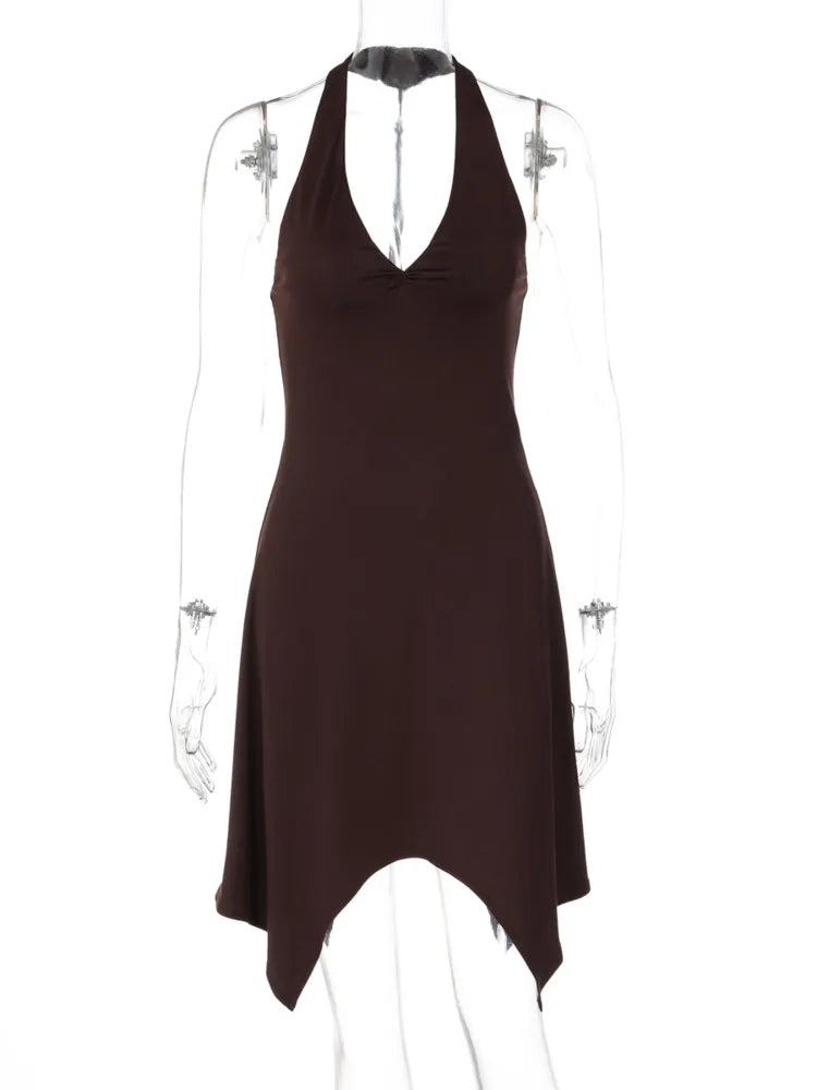 Women Halter V‑Neck Mini Dress Sleeveless Twist Front Irregular Hem A‑Line Short Dress Y2K Club Party Evening Dresses