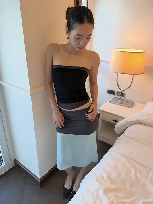 Color Blocking Patchwork 2-Piece Set Women Wrap Chest Simple Tank Tops+Classic Long Skirt Skinny Elegant Stretch Suit