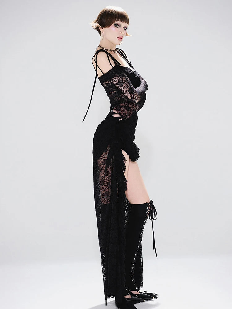 Irregular Hem Dress Women Slash Neck Sexy See Through Bandages Jacquard Lace Full Sleeve Ruched Ruffled Party Bodycon