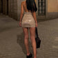 Sexy Ruched Backless Dress Women Fashion Bright Silk Metal Ring Halter Hollow Patchwork Chic Party Peach Hip Bodycon