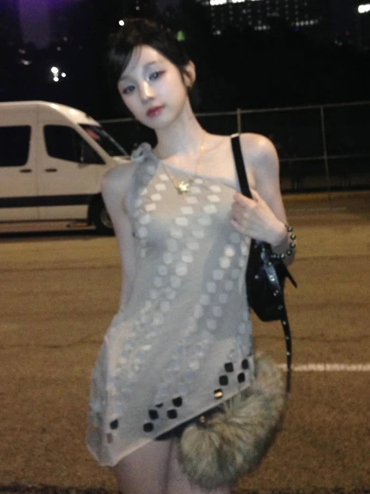 Hollow Vest Women Slanted Shoulder Skinny Sexy Irregular Hem Music Festival Hip-Hop Style Summer Classic Streetwear