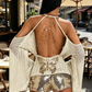 Swing Collar Women Butterfly Sequin Applique Chic Chain Patchwork Backless Off-Shoulder Bell Sleeve Sexy Trend Streetwear