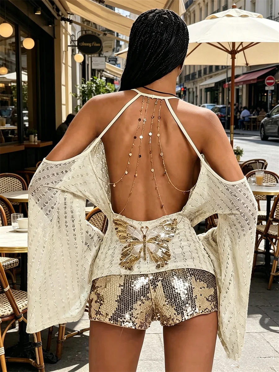 Swing Collar Women Butterfly Sequin Applique Chic Chain Patchwork Backless Off-Shoulder Bell Sleeve Sexy Trend Streetwear