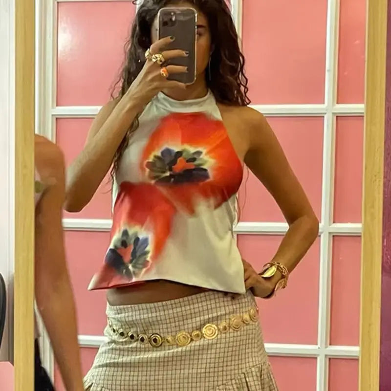 Women Y2k Floral Printed Halter Tank Top Summer Going Out Cami Tops Boho Sexy Backless Vacation Beach Camisoles