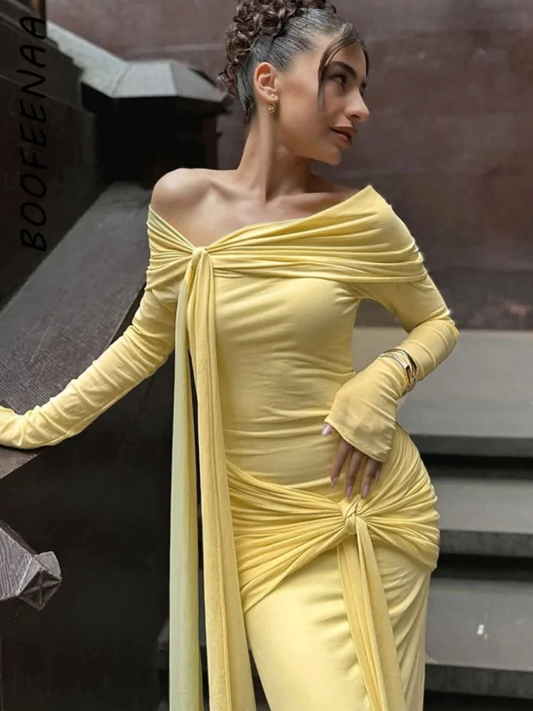 Off Shoulder Long Sleeve Maxi Dress Yellow Mesh Elegant Dresses for Woman for Party Outfits Autumn 2025