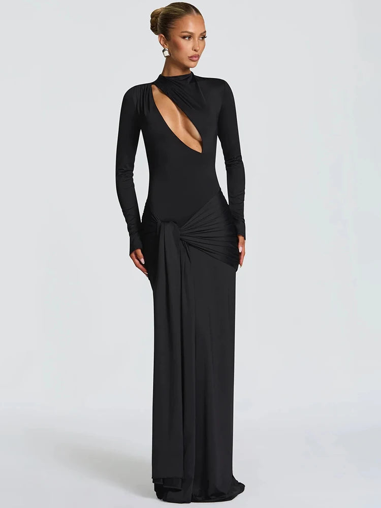 Hollow Out Long Sleeve Sexy Maxi Dress Women Gown Elegant O Neck Draped Ruched Bodycon Club Party Long Dress Fashion