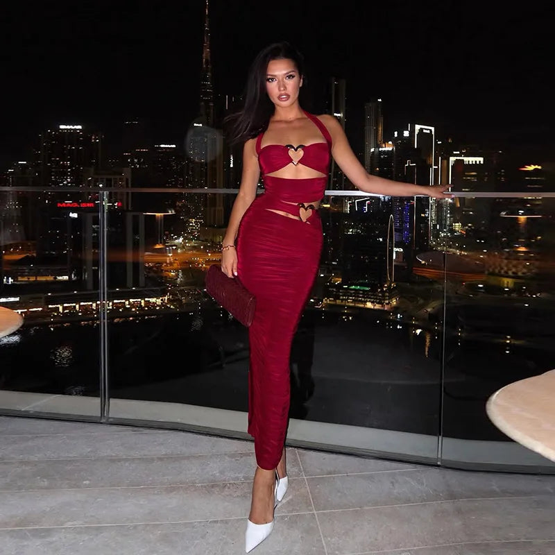Cutout Halter Top and Long Skirt 2 Piece Set Elegant Summer Outfit Woman 2025 Sexy Black Party Dress Set