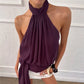 Elegant Plum Purple Halter Top Women Open Back Sleeveless Blouse Tie Waist Flowy Top For Office Commute And Casual Wear