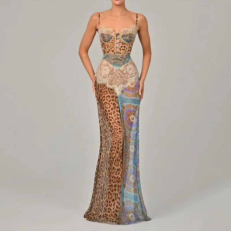 See Through Leopard Print Chiffon Maxi Dresses Woman 2025 Elegant Summer Sleeveless High Split Long Dress