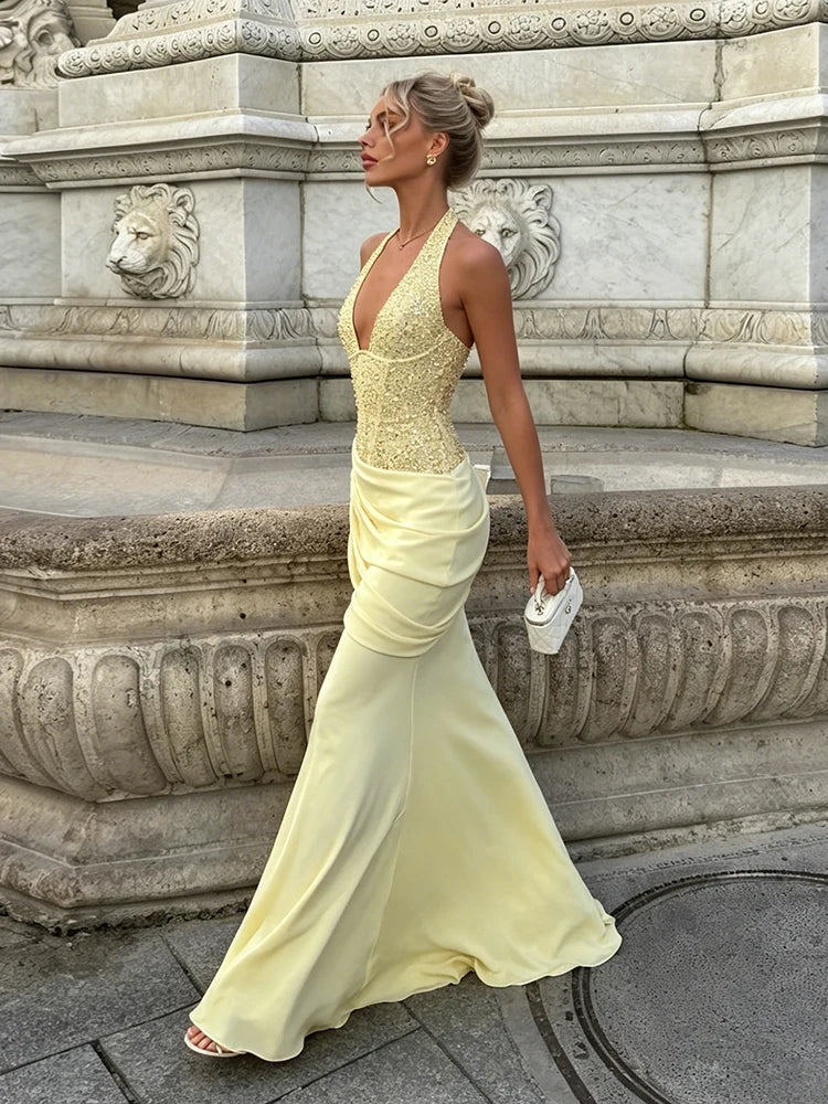Dinner Party Patchwork Dress Women Fake Diamond Decoration Halter v-Neck Backless Folds Elegant Vacation Chic Vestidos