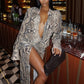 Deep V-Neck Dress Women Hipster Snake Pattern Split Sexy Lapel Elegant Street Midnight Clubwear Stretch Slim Long Bodycon