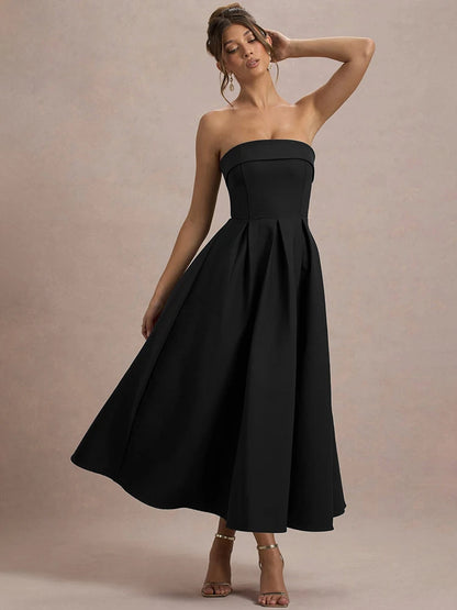 Off-shoulder Strapless Sexy Midi Dress Women Fashion Elegant Sleeveless Backless High Waist A-line Club Party Dress New