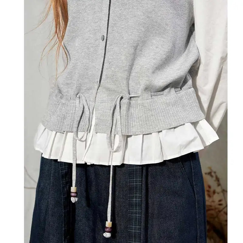 Women's Contrast Patchwork Cardigan with Drawstring Waist, Round Neck Long Sleeve Casual Top for Everyday Wear