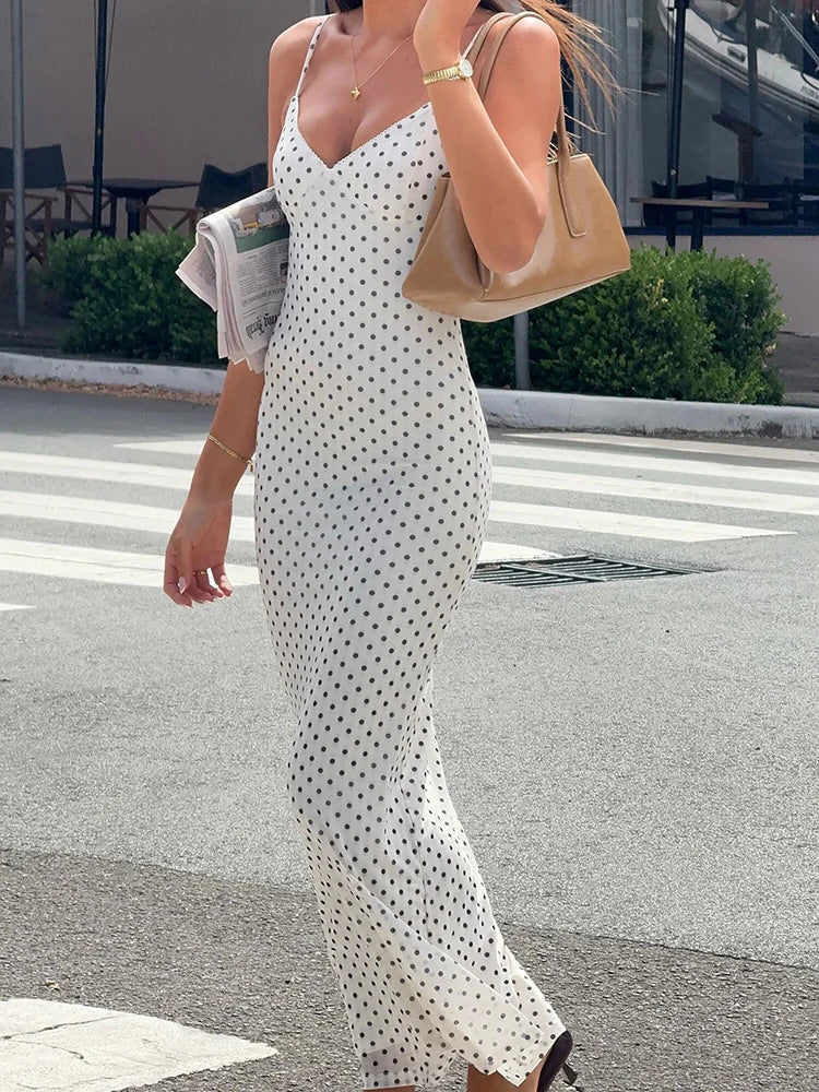 Polka Dot Spaghetti Strap Sexy Maxi Dress Women Gown Elegant White V Neck Sleeveless Backless Bodycon Club Long Dress