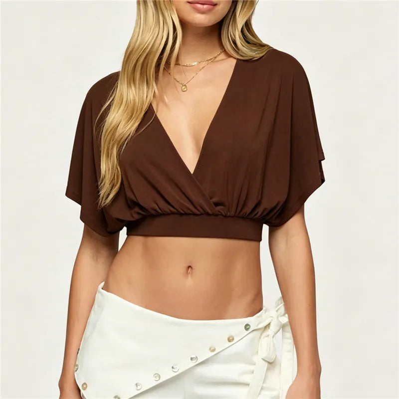 Women Solid Color V Neck Wrap Front Crop Top Batwing Sleeve Ruched Blouse Casual Summer Short Sleeve Fashion Shirts