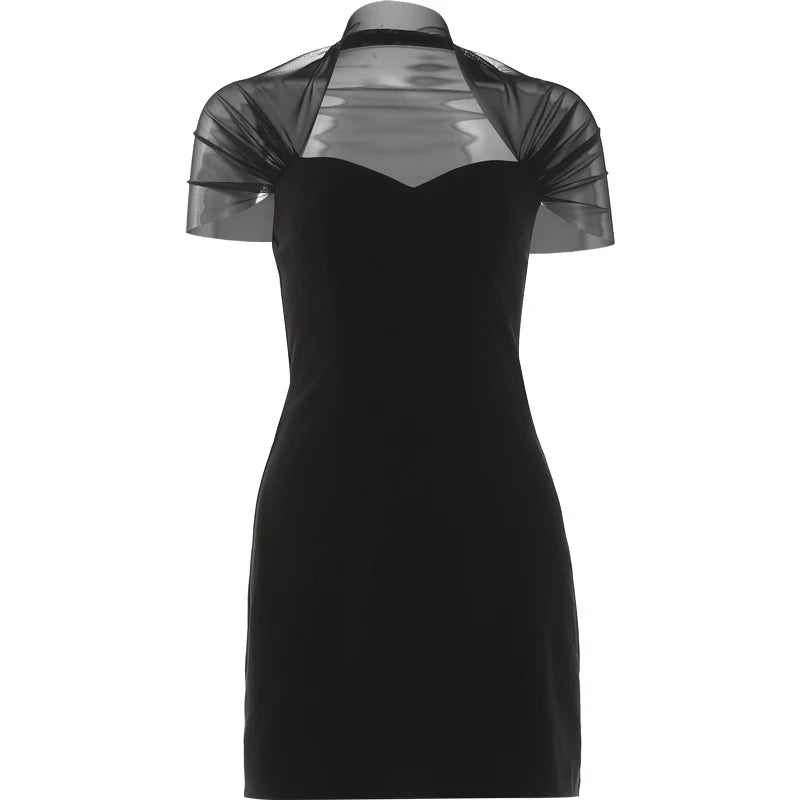 Women Elegant Square Collar Dress Fashion Mesh Patchwork Short Sleeve Stretch Sexy Trend Evening Party Club Bodycon