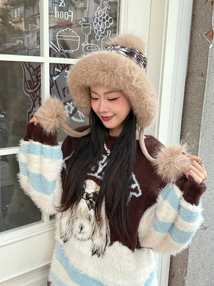 Cute Fair Isle Plush Lining Strap Pom Pom Knit Beanie For Women