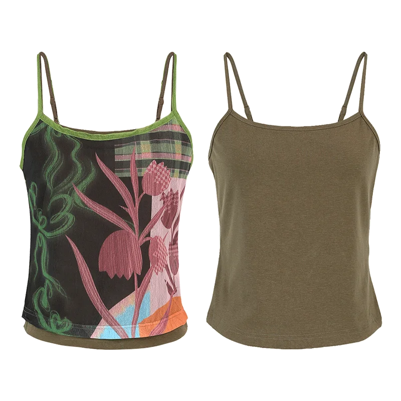 Women's Cropped Cami Top with Patchwork Tropical Leaf Print, Contrast Trim Slim Fit Spaghetti Strap Vest for Summer