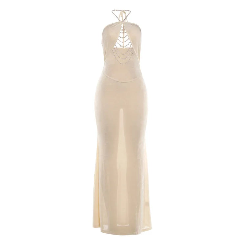 Hollow Out Halter-neck Maxi Dress with Faux-pearl Body Chains Party Wear Sexy Birthday Dress for Woman 2026