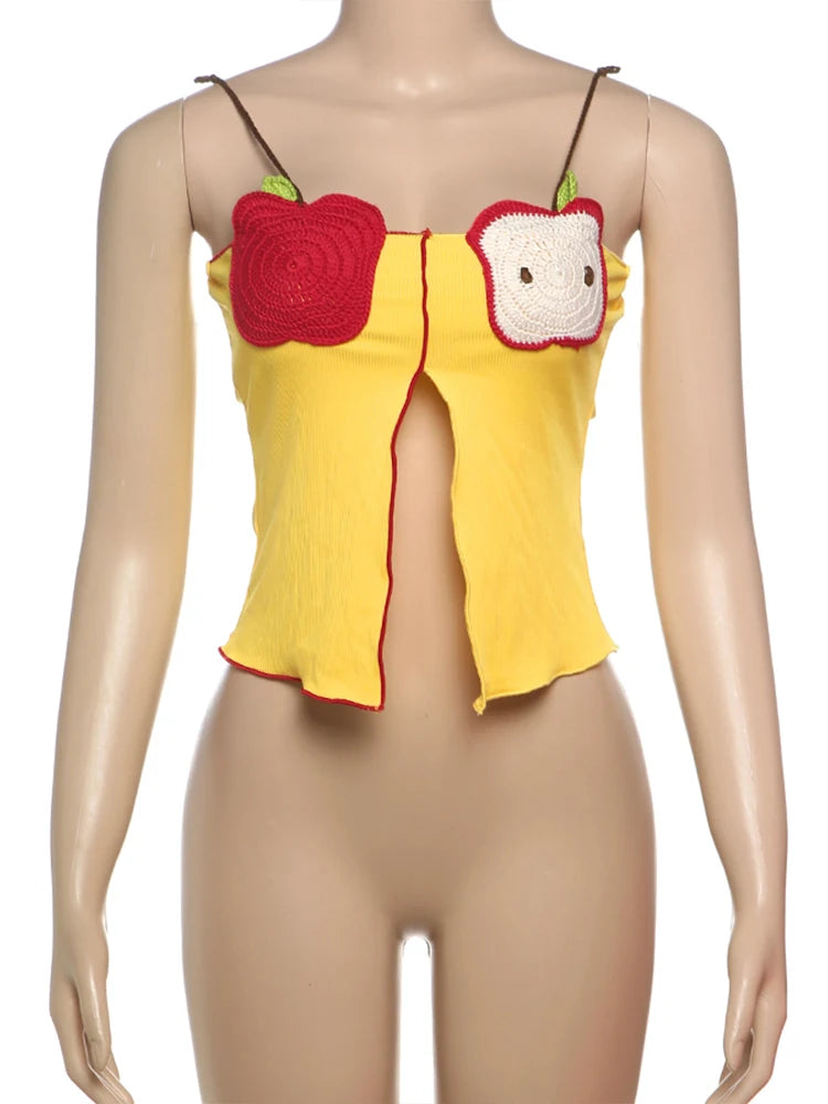 Cartoon Style Camisole Women Fashion Patchwork Backless Skinny Splits Hem 2025 New Trend Arrive Elegant Streetwear